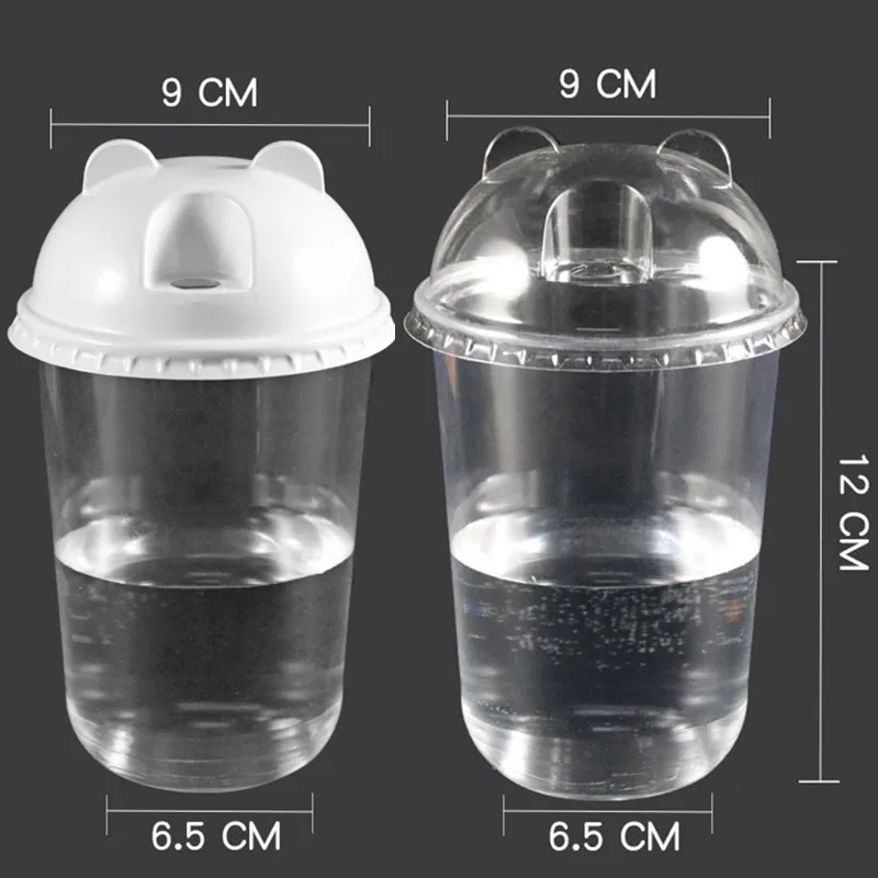 

50pcs High quality 500ml 90mm caliber u shape disposable coffee cup cute ear lid transparent plastic cups party drinking cup
