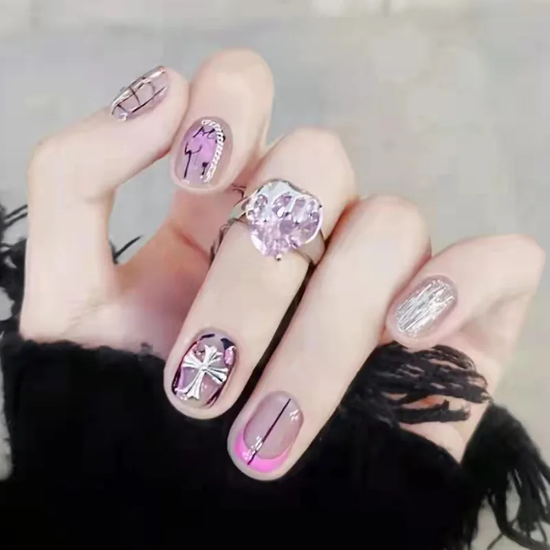 

24 Pcs Pink Fake Nails Press on Nail Designs Art Long Tips False Forms with Glue Stick Stickers Reusable Set Acrylic Artificial