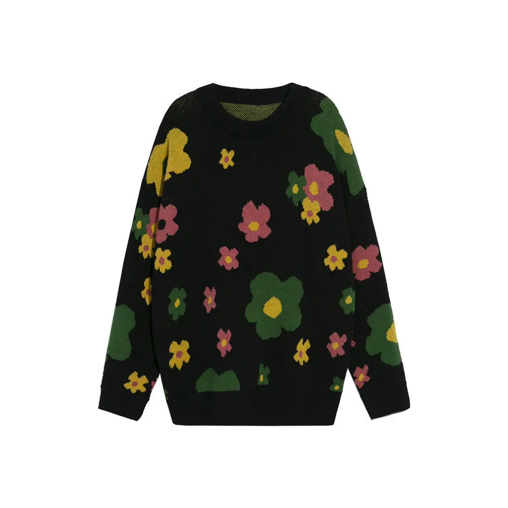 

Autumn Winter Floral O-Neck Knitted Clothes Women Loose Sweaters Women's Outfit Korean Fashion Chic Pullover Tops Knitwears