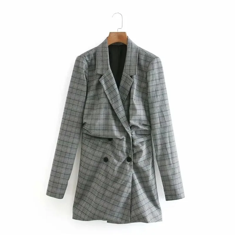 Women Long Plaid Blazer Dress Double Breasted Dress Style Blazer Office Lady Formal Clothing Sexy Elegant Commute Blazer Suit