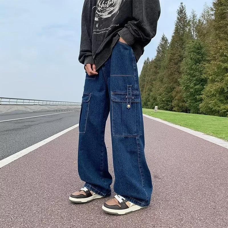 Blue Baggy Cargo Jeans Men Fashion Oversized Pocket Jeans Mens Japanese Streetwear Hip-hop Loose Straight Denim Trousers Men