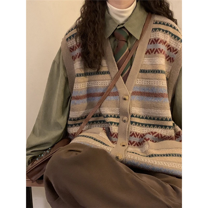 Женский винтажный свитер в полоску жилет стиле Харадзюку вязаный кардиган