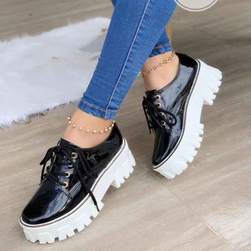 

New Women Shoes Patent Leather Lace Up Thick Heel Increased Flat Platform Oxford Shoes Woman Loafers Solid Black Casual Shoes