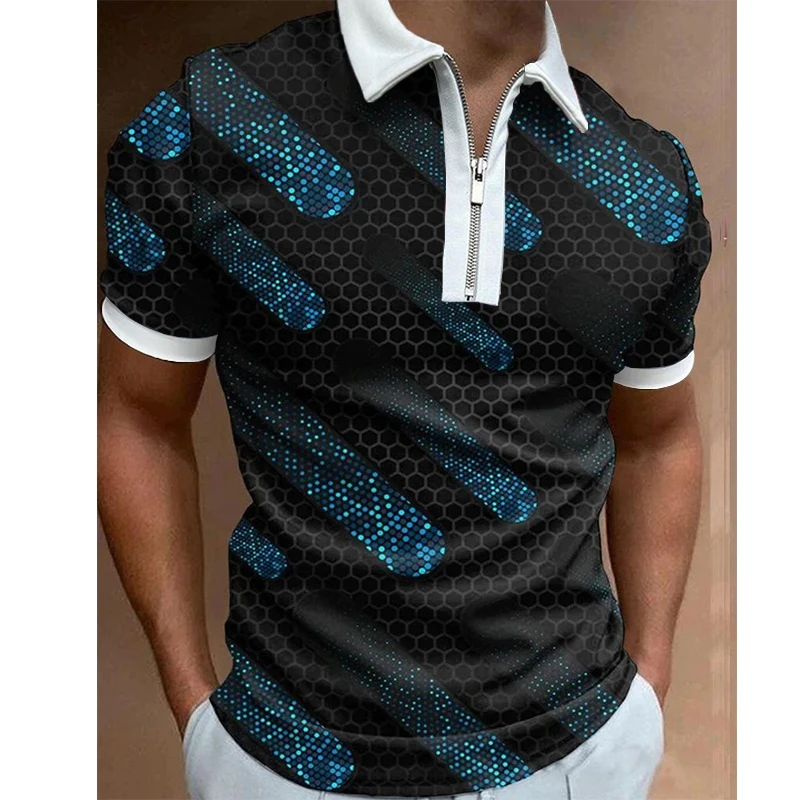 Men's Summer Short-Sleeved Luxury Polo Shirt Abstract Art Print Trend Fashion Oversized Street Lapel Zipper Slim-Fit Clothing
