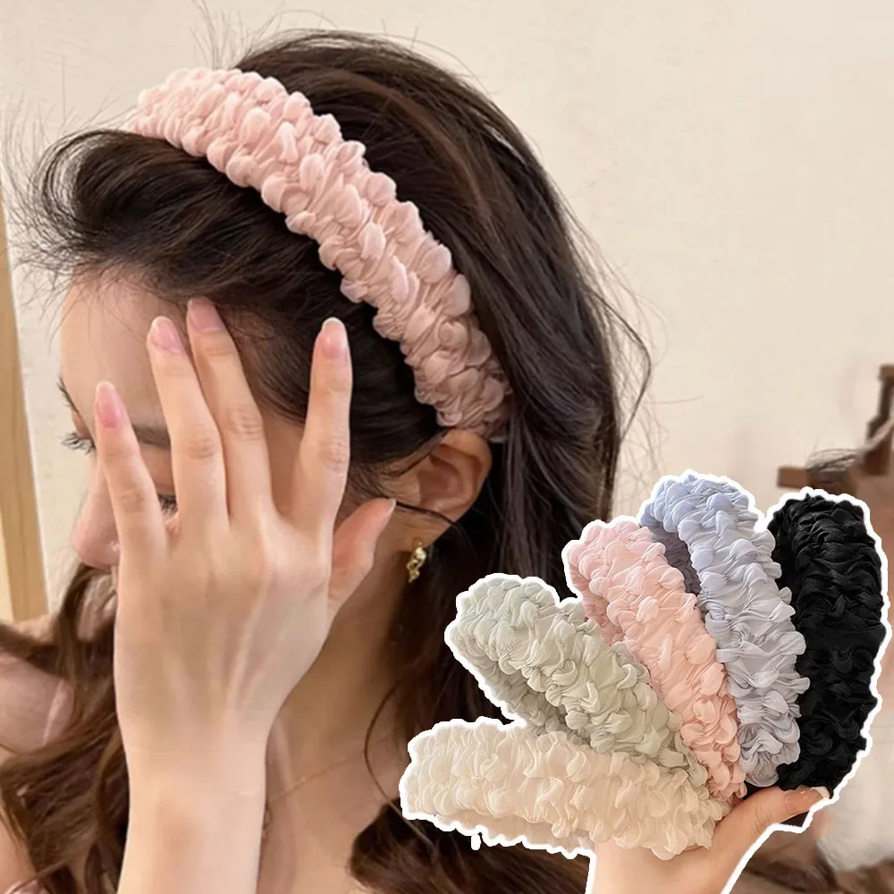 

Bubble Mesh Headband Gauze Pleated Hair Hoop Solid Color Wide Brimmed Head Hoop Korean Sweet Headwear Wash Face Makeup Tool