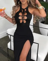 one piece summer dresses woman 2022 new fashion cutout tied detail high slit halter bodycon sexy party maxi dress