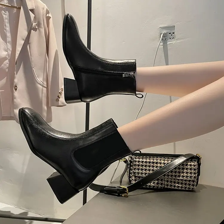 

Новинка Осень 2022 женские ботильоны с квадратным носком атмосферные ботинки на высоком устойчивом каблуке женские облегающие ботинки модны...