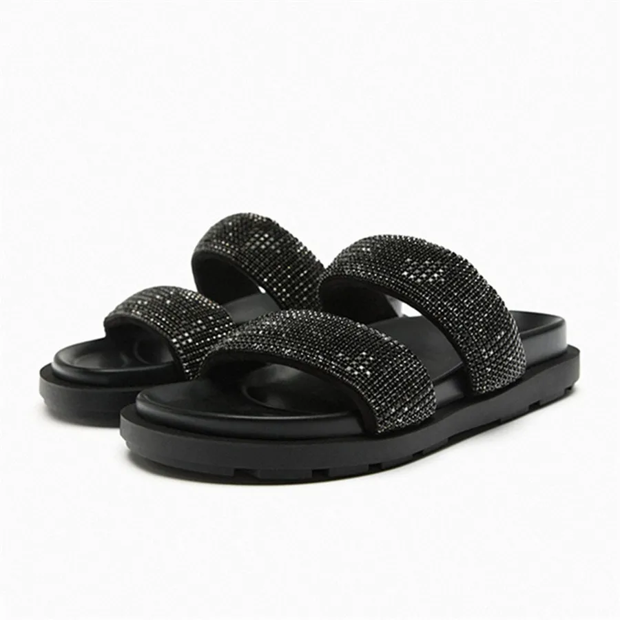 

Black Slippers for Women 2023 Summer Thick Sole Platform Shoes Flat Beach Slides Ladies Demonia Mules Crystal Gladiator Sandals