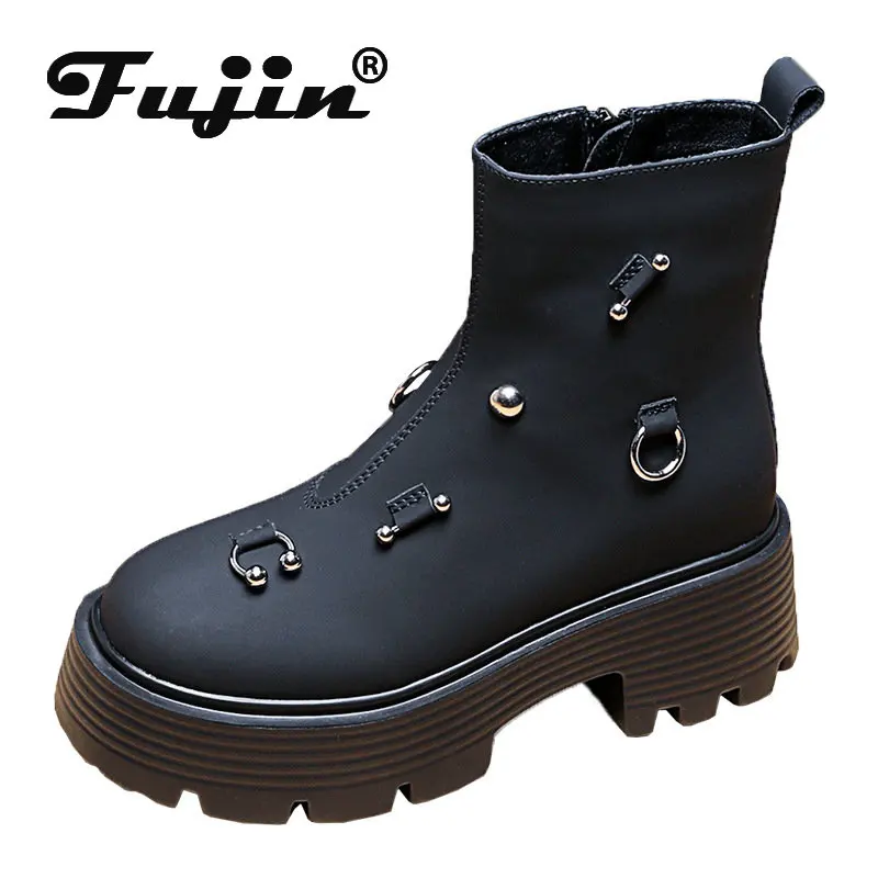

Fujin 7cm Microfiber Street Style Ladies Platform Mid Calf Chimney Boots ZIP Autumn Winter Women Hidden Heel Non Slippery Shoes