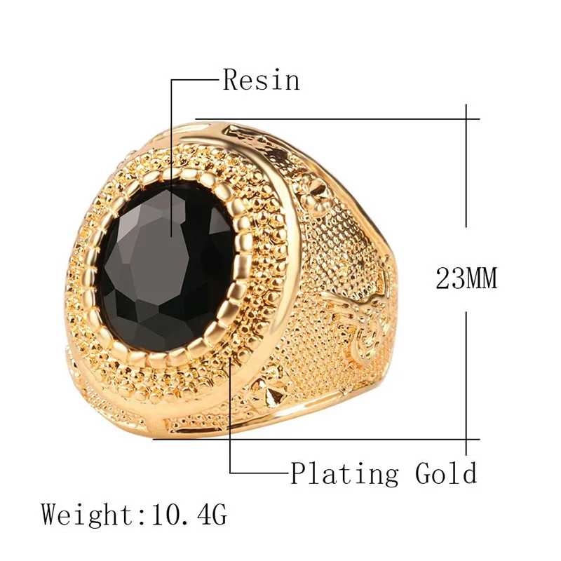 

Hot Sale Men's Gold Color Big Black Oval Geometric Crystal Rhinestone Zircon Finger Ring for Male Party Jewelry Size 6-13