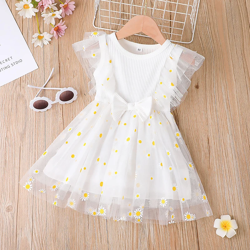 

Kids Casual Dress, Summer Daisy Print Round Neck Sleeveless Mesh Stitching White/Pink, 6 Months-5 Years