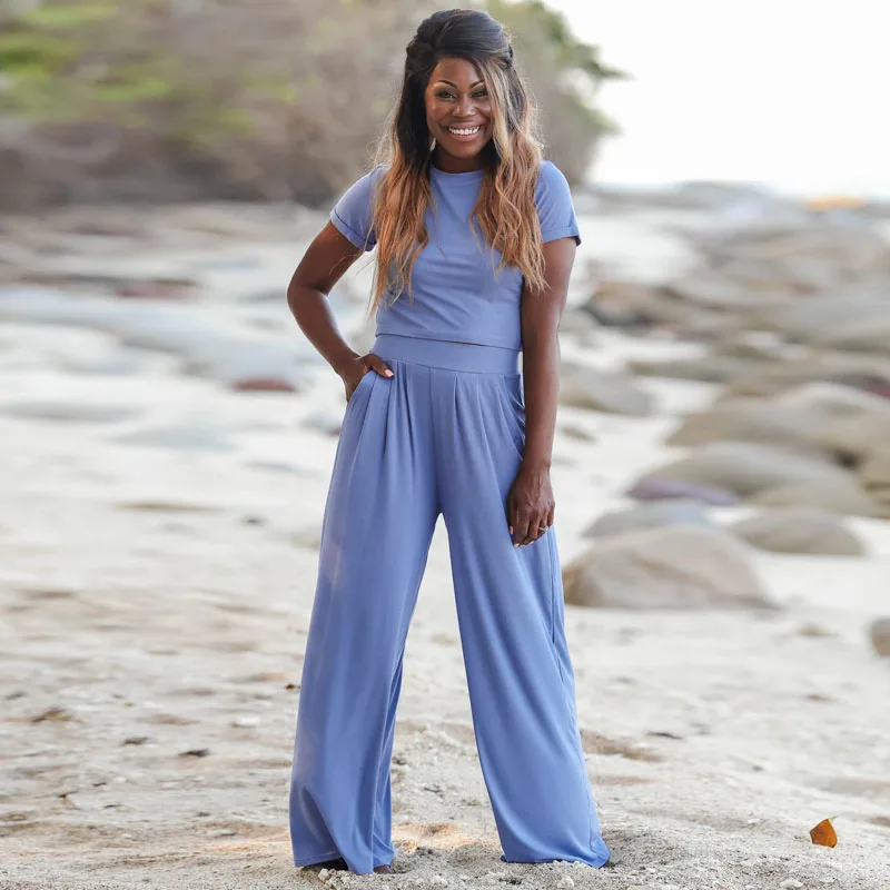 

Women casual summer tracksuits shirt + loose long wide leg pants two pieces sets short sleeve solid pants suits matching sets