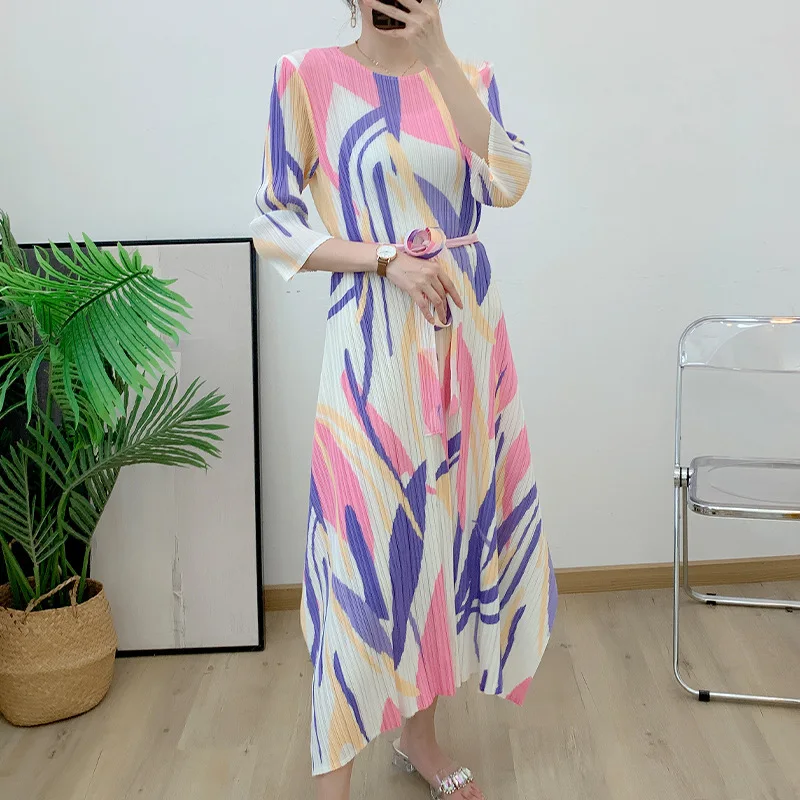 YUDX Miyake Pleated Dress Print Elegant Senior Temperament Fashion Loose Thin Round Neck Half-sleeves 2023 Summer New Skirt