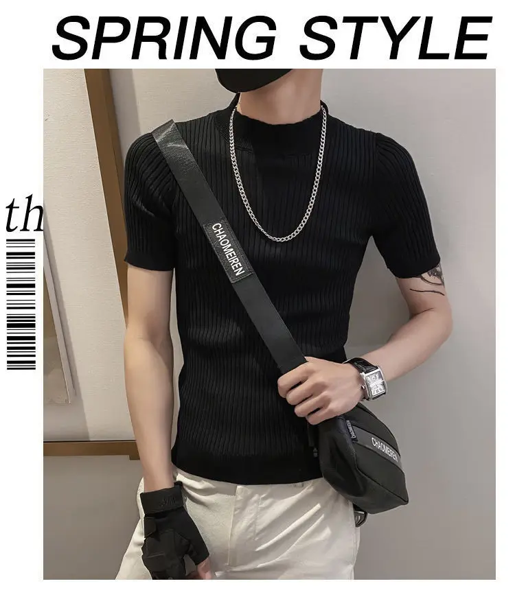 Spring Autumn New Short Sleeve Knitted Sweater Men Clothing Half High Neck Slim Sweater T-shirt Casual Stretch Homme Pullover