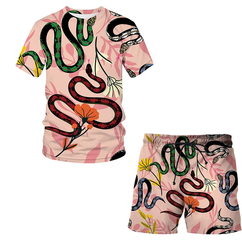 

2023 Men New 3D Personality Design Snake Pattern Printed Casual Shorts Round Neck Short Sleeve Fashion Trend T-shirt Summer Sets