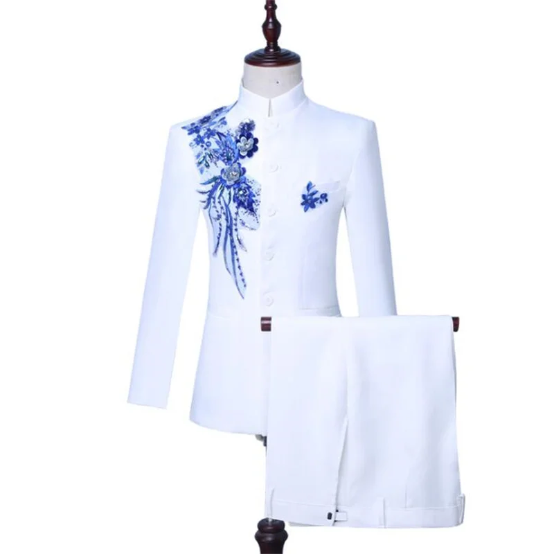 Stand Collar Sequin Blazer Men Groom Suit Set With Pants Chinese Tunic Singer Star Style Stage Clothing Formal Dress White