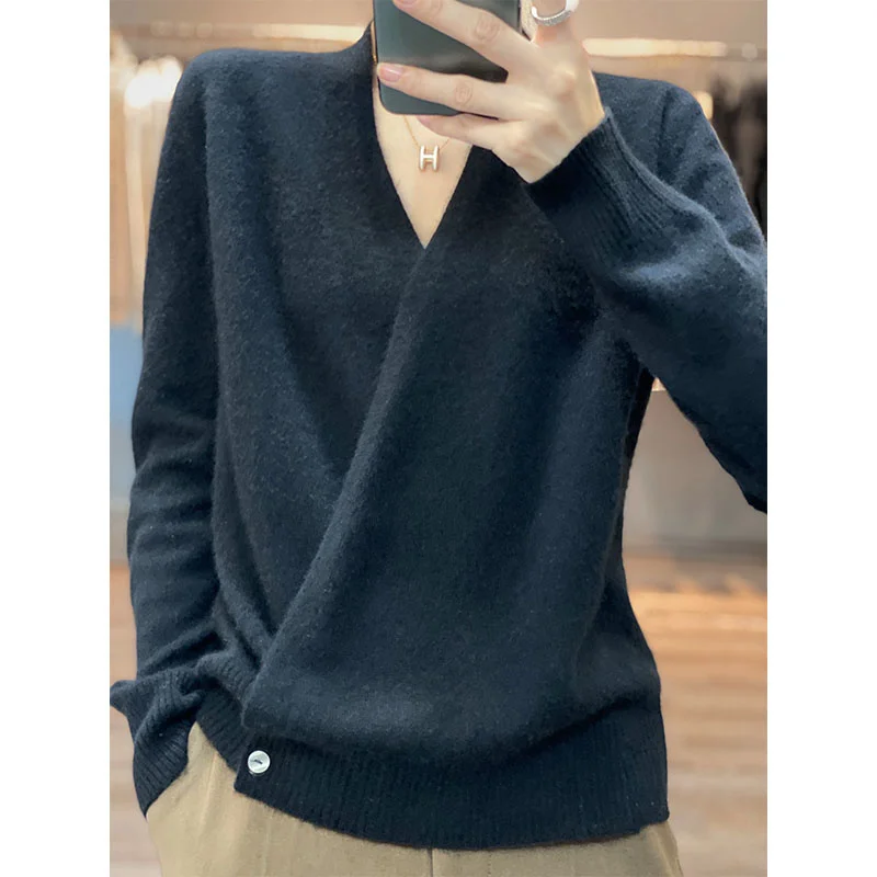 

Cardigan sold Autumn And Winter New Wool Sweater Women 100% Wool Loose Soft V-neck Knitted Cardigan Design Sense Niche And Colla