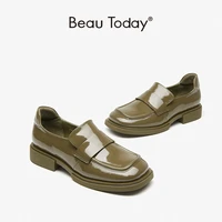 beautoday loafers women patent leather square toe casual slip on sewing design office ladies flat shoes handmade 27908