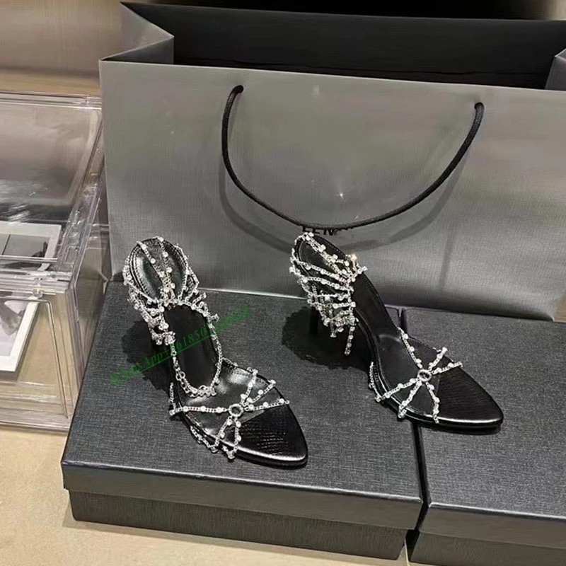 Spring 2023 new chain high-heeled shoes women's stiletto open toe Roman reveal sexy sandals for women