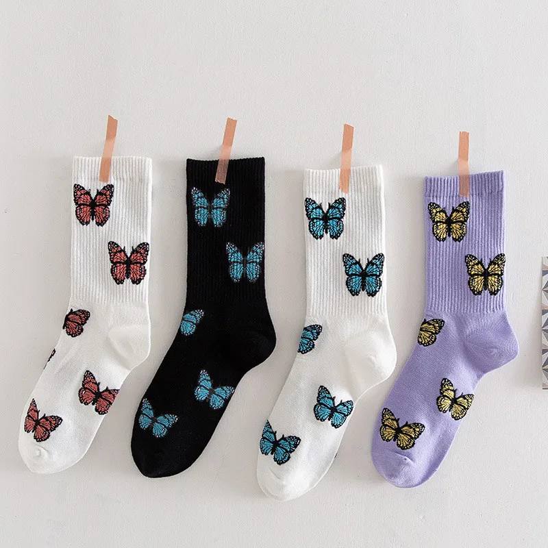 

Autumn Spring Casual Breathable Solid Black White Long Cotton Harajuku Retro Crew Socks Japanese Cartoon Butterfly Women Socks