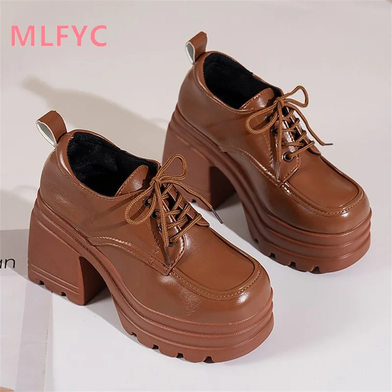 Туфли Lefu Женские однотонные на высоком толстом каблуке Повседневная стильная