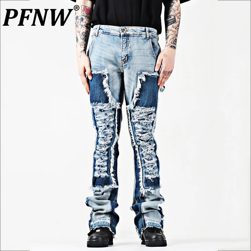 

Мужские брюки-клеш с вырезами PFNW, винтажные Стильные прямые облегающие джинсы составного кроя, модель 28A1895 на весну и лето