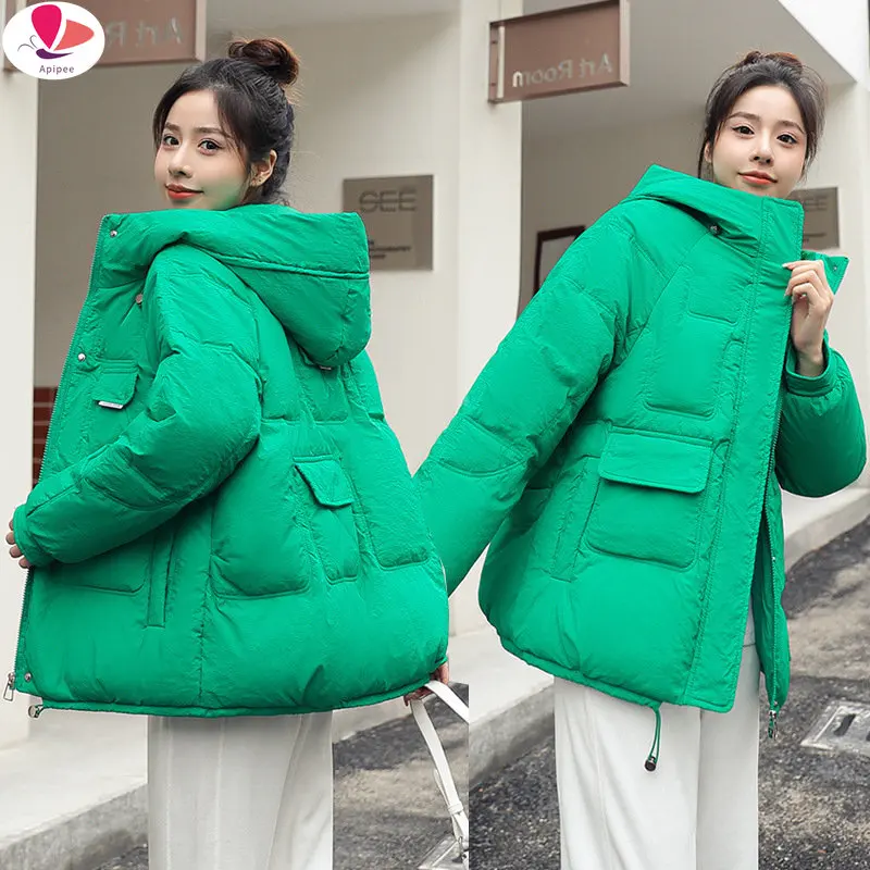 

Autumn Winter Thicken Warm Medium Long Chic Parka Women Casual Sweety Solid Color Big Pocket Loose Hooded Coat Jackets Outwear