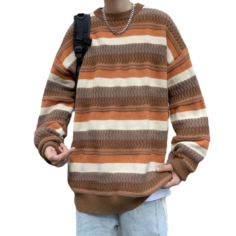 

New Arrival Winter Round Neck Sweaters Men Autumn Tops Loose Man Chic Pullover Knitted Thick Stripe Sweater Warm Jumper Men