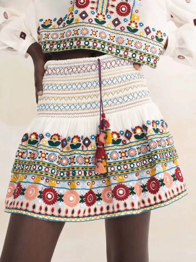 

Женская мини-юбка с цветочным принтом Kumsvag, винтажная элегантная трапециевидная юбка с поясом на резинке и кисточками, одежда для улицы на л...