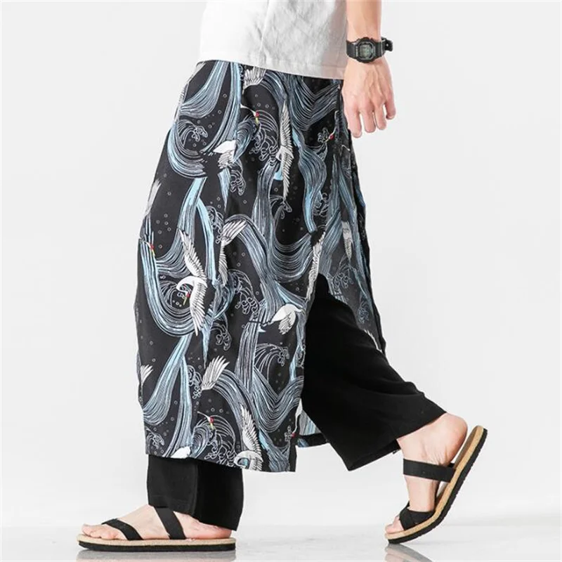 Harem pants mens trousers Chinese style crane ancient style cotton and linen summer tooling original design leisure штаны мужски