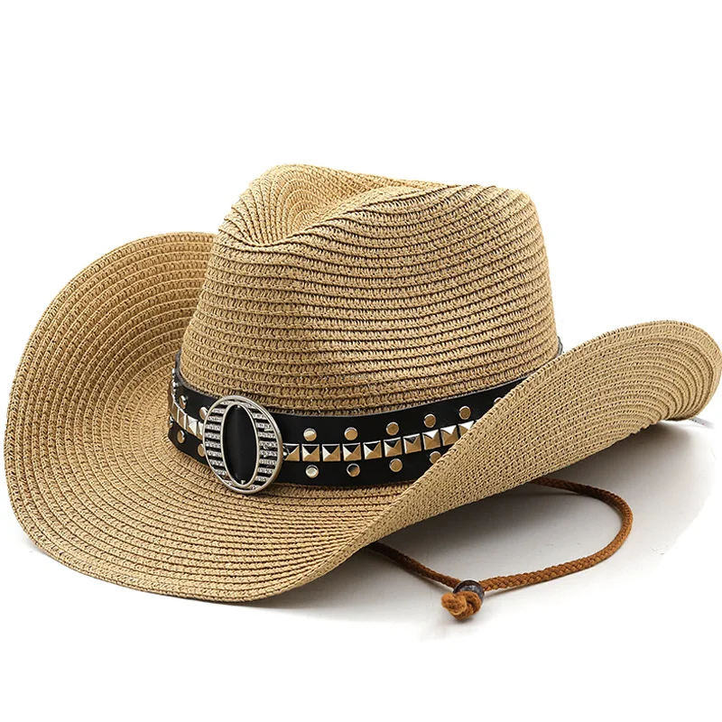 Beach Hat Summer Girl Rivet belt Panama cowboy Cap lady Casual Trilby Fedora Hat Male Straw Hat UV Protection Wide Brim Sombrero