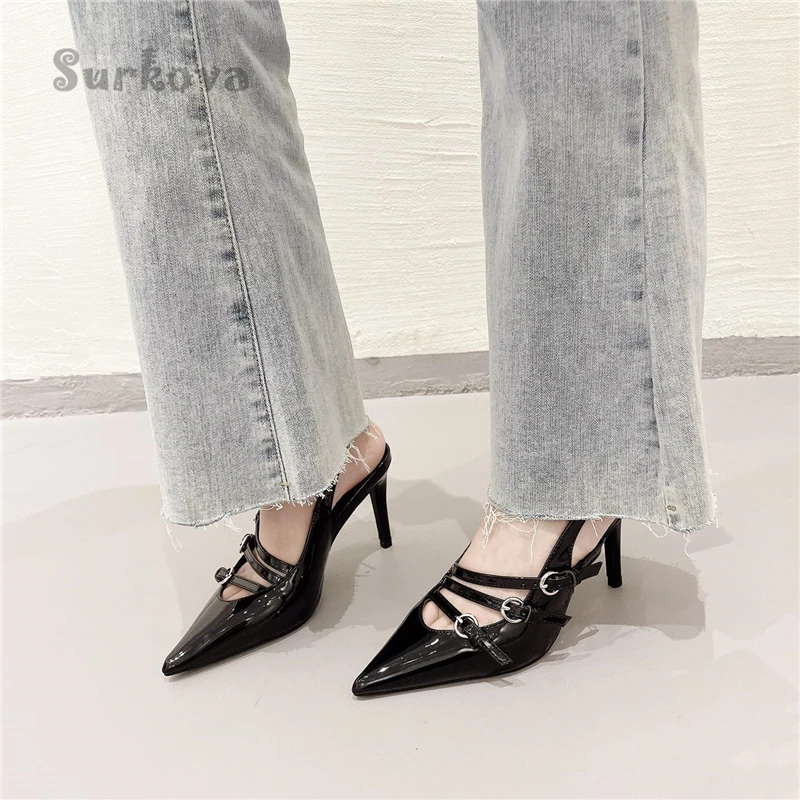 French Patent Leather Pumps Women's Pointed Toe Metal Buckle Belt Sandals 2023 Summer Thin High Heels Solid Color Women's Shoes