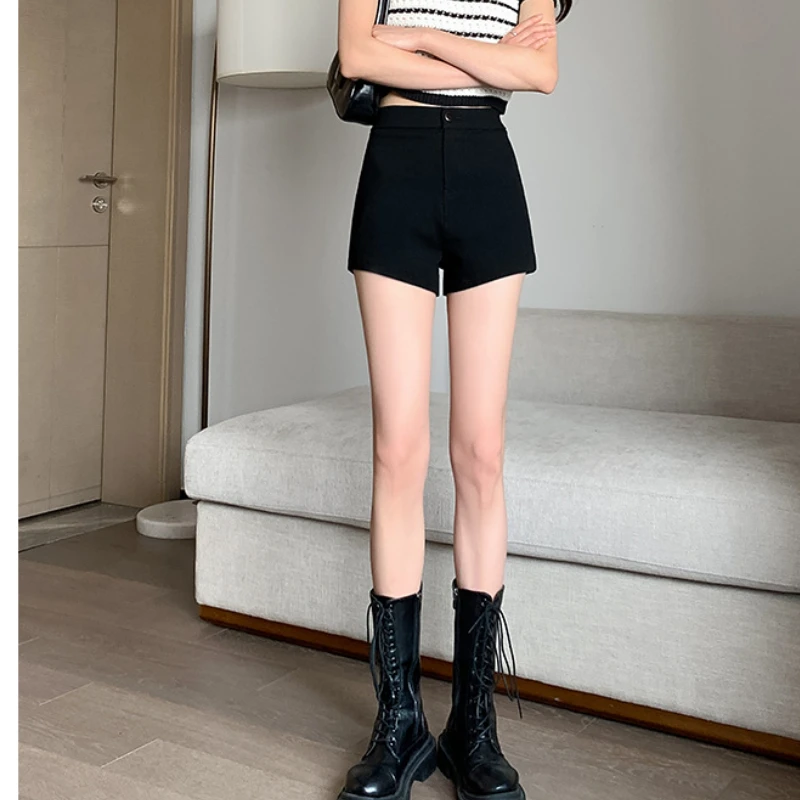 Single Buckle Three-point Women Shorts Fashion High Elasticity 2023 Summer Black High Waist Outside Wear Hot Pants Spice Girls