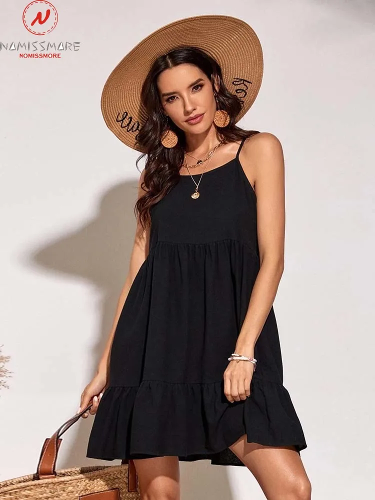 

Sexy Women Summer Solid Color A-Line Dress Patchwork Design Ruffles Decor Sling Sleeveless Mid Waist Slim Mini Dress