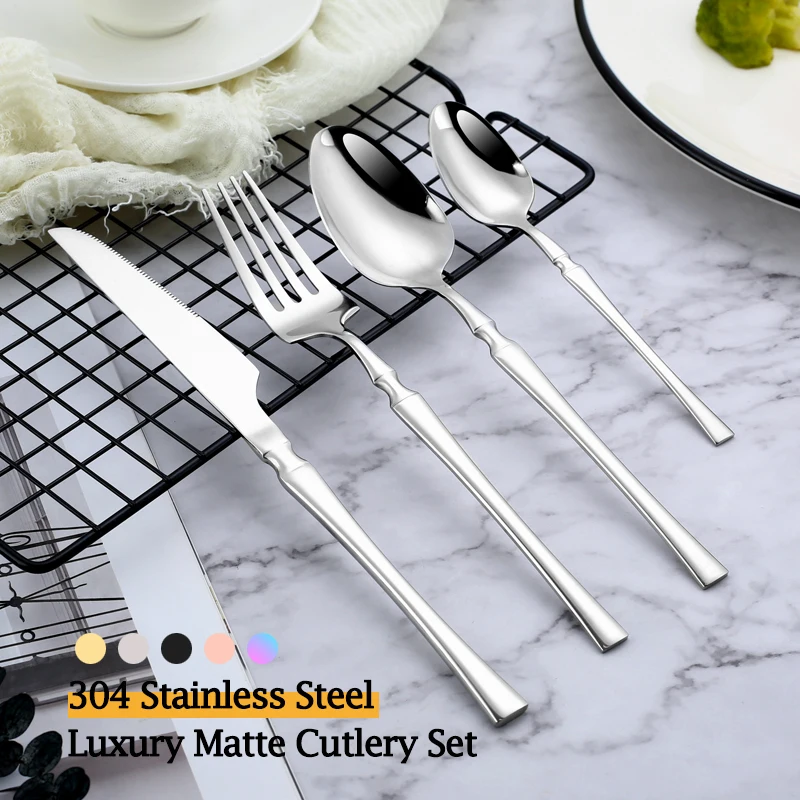 

4Pcs Glossy Tableware Set Stainless Steel Flatware Knife Fork Spoon Dinnerware Western Luxury Silverware Gift Grace Cutlery Set