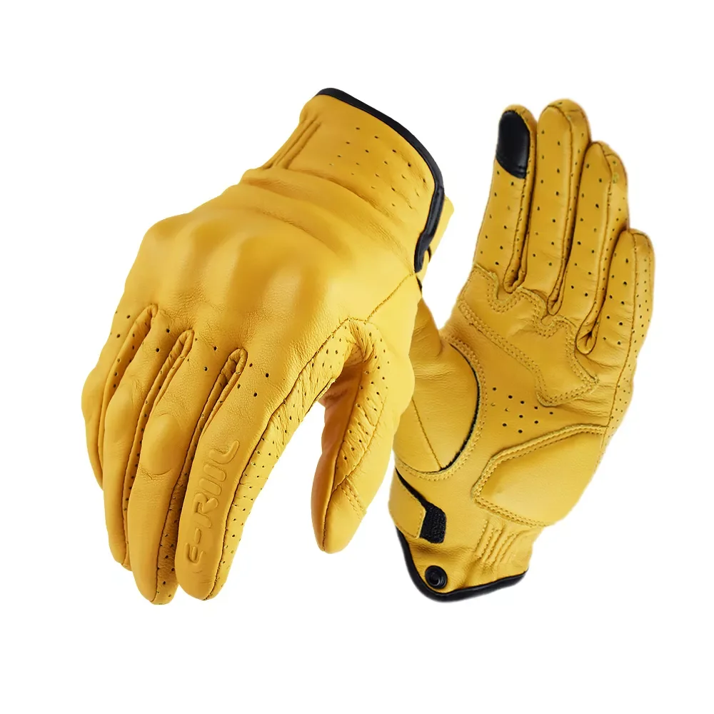 

Genuine Leather Retro Motorcycle Gloves Men Touch Screen Motocross Gloves Full Finger Motorbike Vintage Biker Moto Gloves Yellow