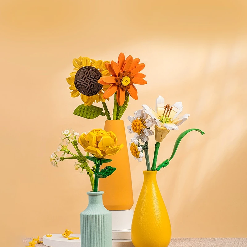 

Flower Bouquet Blocks DIY Simulation Flowers Succulents Tulips Roses Sunflowers Valentine's Day Gift ABS Plastic Building Blocks