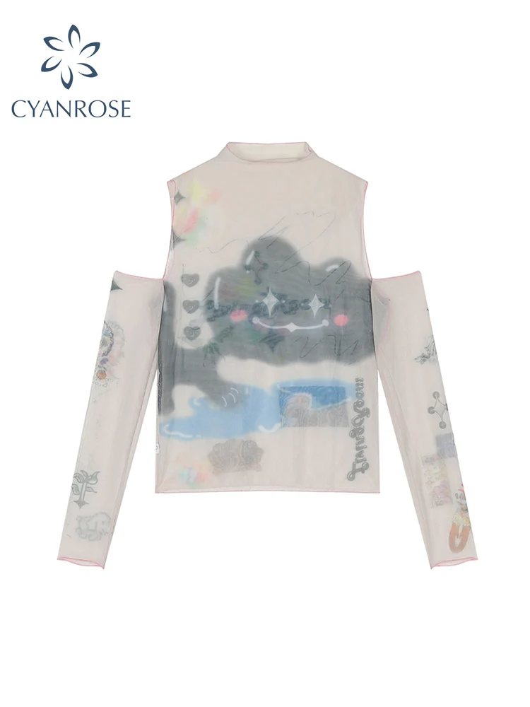 

Off Shoulder Mesh Tees Hand-Painted Streetwear Sexy Slim Bodycon T Shirt Female Long Sleeve 2022 Chic Elastic Party Ins Tide Top