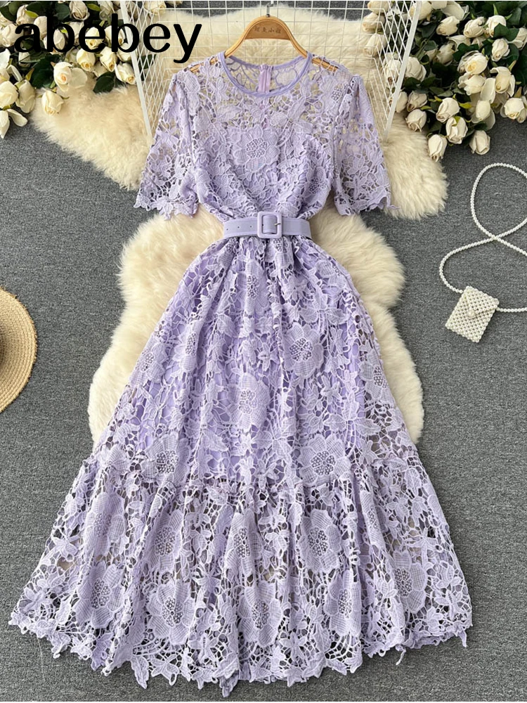 Элегантное вязаное кружево женское платье с круглым вырезом ажурное Фиолетовое
