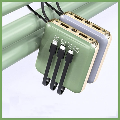 Mini Power Bank 20000 мАч Портативное зарядное устройство с двумя USB-портами Powerbank с USB-кабелем типа C для iPhone 15 14 Запасной аккумулятор Samsung Xiaomi