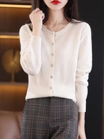 2022 spring new 100 cotton cardigan womens round neck solid color sweater loose all match wool knitted