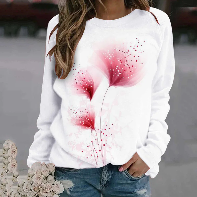 

2023 Women's Top T-shirt Abstract Flowers Leisure Vacation Spring And Autumn Pink Long-Sleeved Flower Crew Neck Basic Must-Have