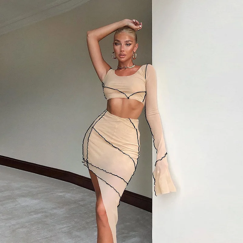 

2020 New Fashion Slim Single-sleeve Mesh Cropped Navel Sexy Skirt 2 Suit Irregular Dress Set Summer Commuter Women's Clothing