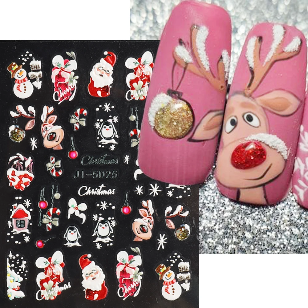 

5D Christmas Nail Stickers Deer Santa Claus Winter Snowy Tree Embossed Sliders Cute Cartoon Penguin New Year Decals NLJI-5D25