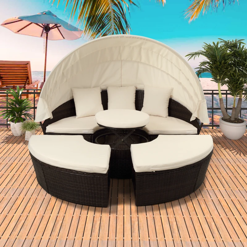 

Garden Sofas Patio Furniture Round Outdoor Sectional Sofa Set Rattan Daybed Sunbed with Retractable Canopy and Removable Cushion