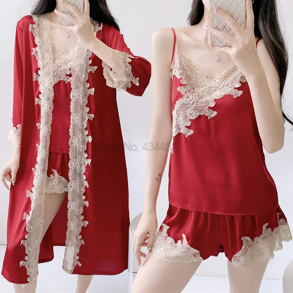

Lace Patchwork Nightwear Satin Pajamas Suit With Shorts Women Sleepwear Lingerie Sexy Kimono Robe Gown Set Summer Loungewear
