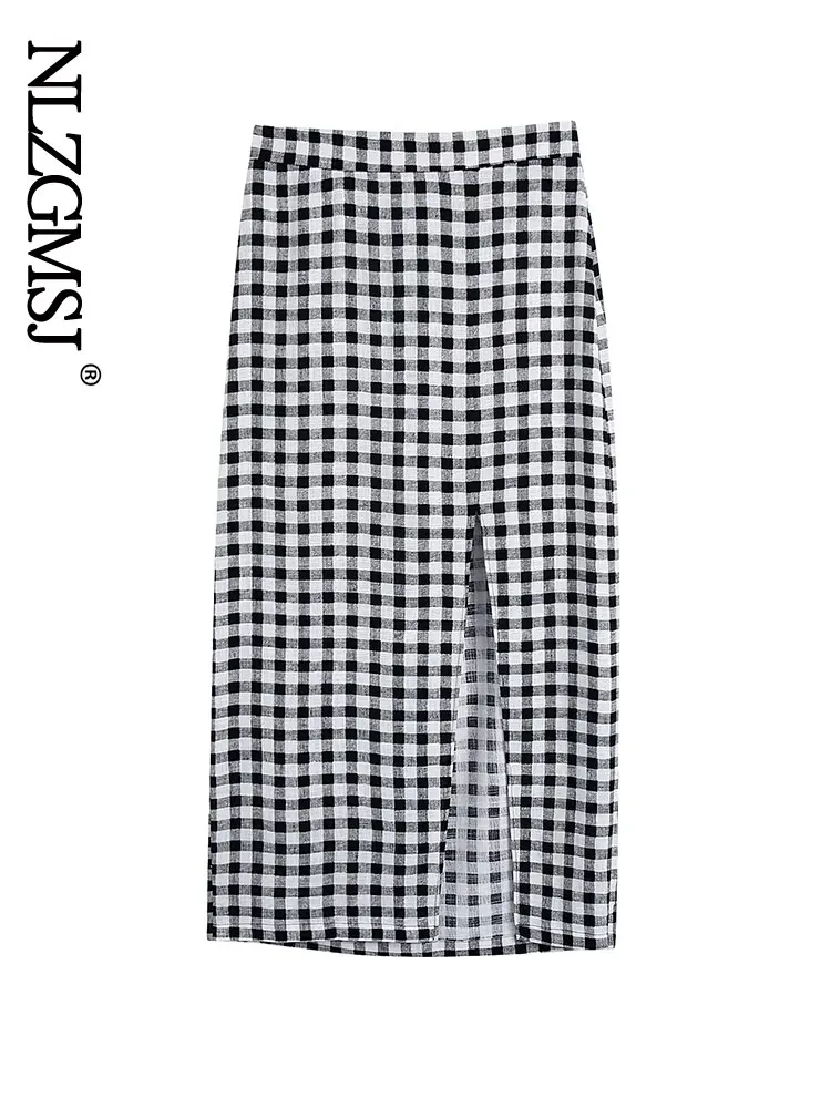 

Женская юбка в клетку Nlzgmsj Za, трапециевидная юбка, весна 2022, облегающая юбка средней длины с высокой талией и разрезом на бедрах, 202204