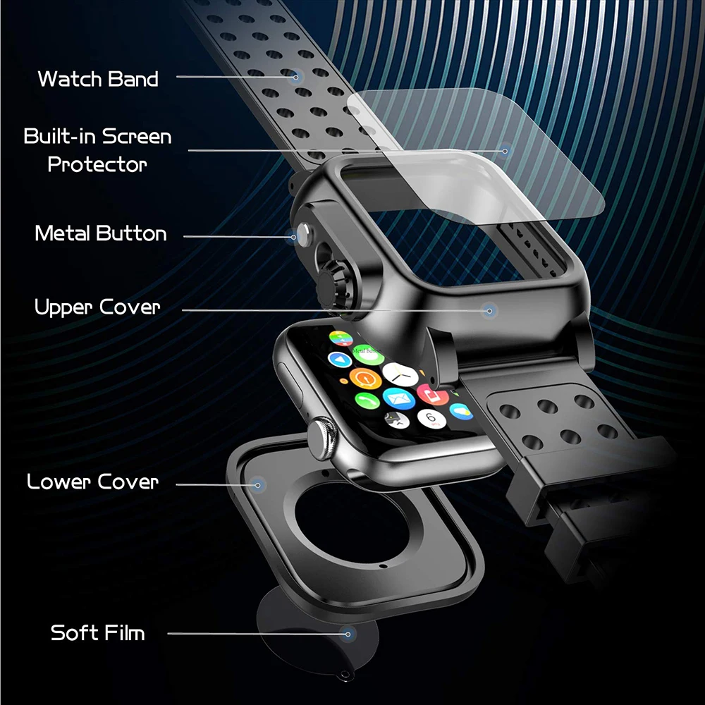 Silicone Case+Strap For Apple Watch band 44mm 40mm 38mm 42mm Sport IP68 Waterproof Wristband  iWatch series 3 2 1 4 5 6 SE cover