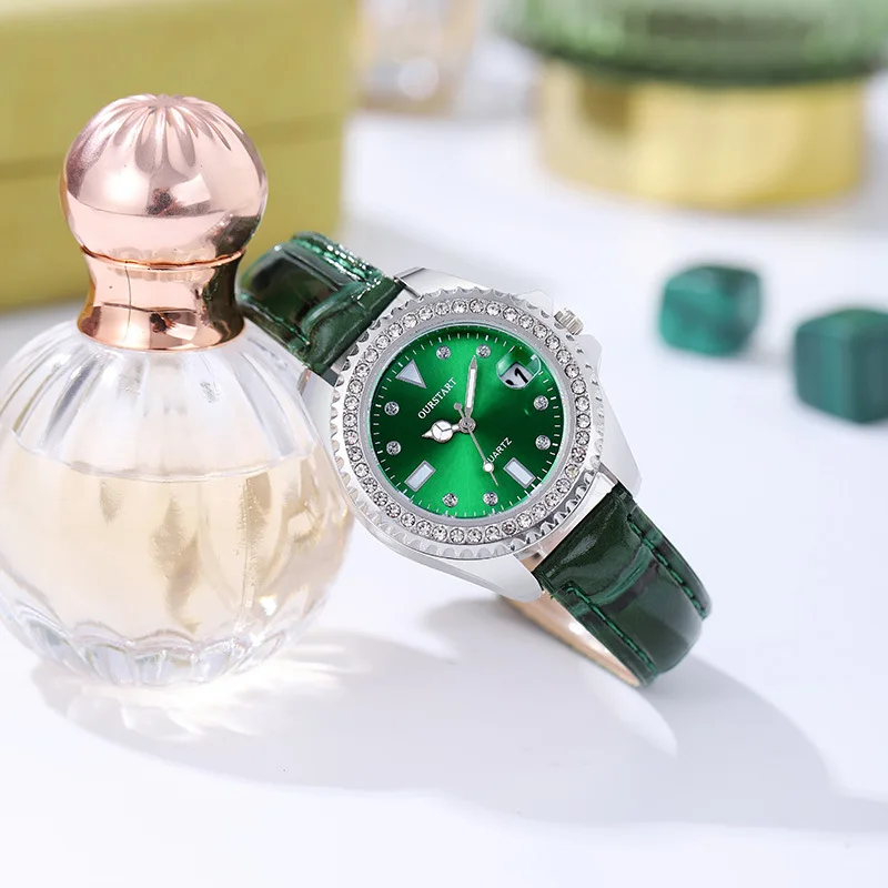 

New Fashion Leather Women Watches Casual Rhinestone Women's Wristwatch Ladies Green Quartz Watch Relogio Feminino Luxury Clocks