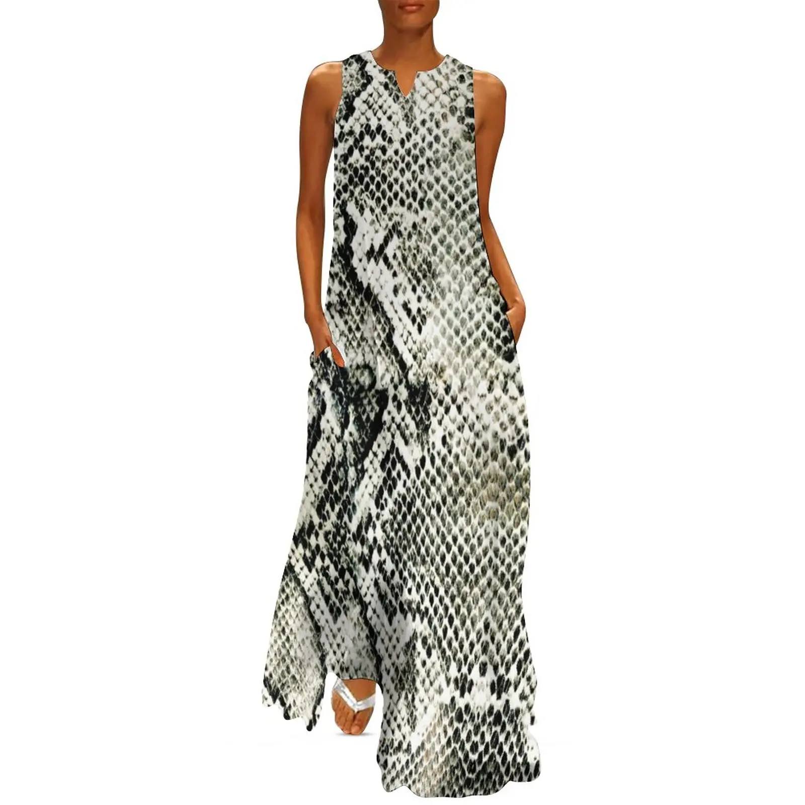 

Trendy Snakeskin Dress Spring White Snake Print Korean Fashion Casual Long Dresses Womens Trendy Maxi Dress Birthday Gift